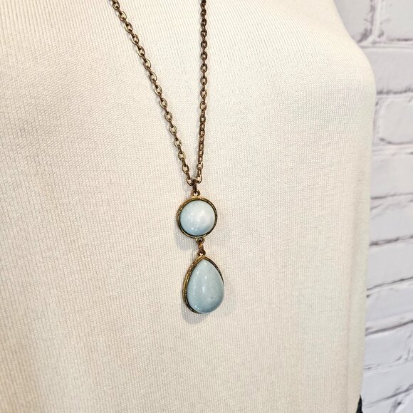 NECKLACE - Vintage long gold chain with turquoise teardrop double pendant - Picture 3 of 5